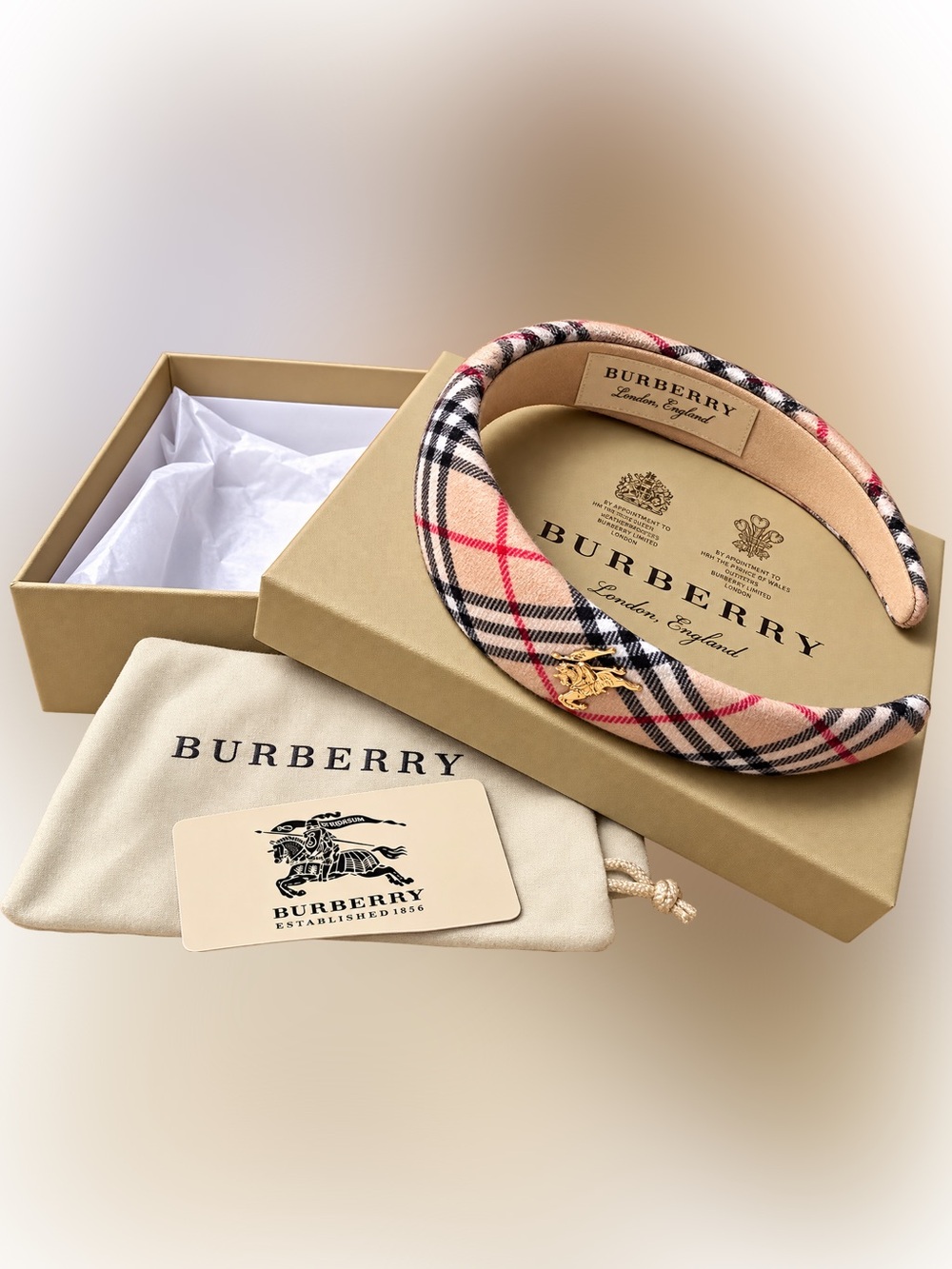 Burberry Beige Vintage Check Padded Headband with Gold Equestrian Pin